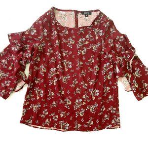 LNV Women's 3/4 Flared Sleeve Boat Neck Floral Pullover Blouse, Red Wine, size M